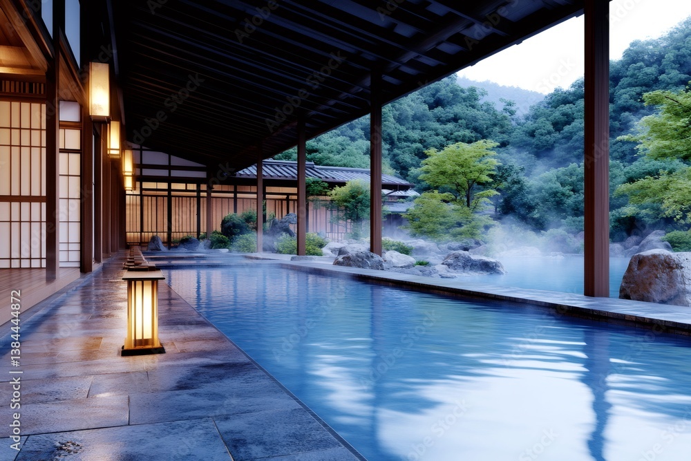 Japanese onsen in a traditional ryokan surrounded by nature