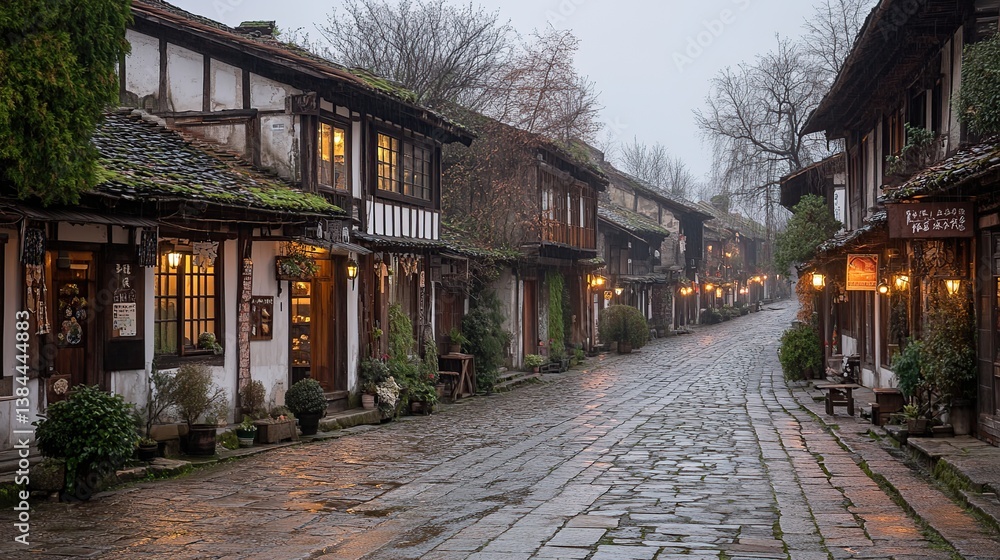 Charming, historic street lined with traditional buildings, lit by warm lights Charming, historic street lined with traditional buildings, lit by warm lights