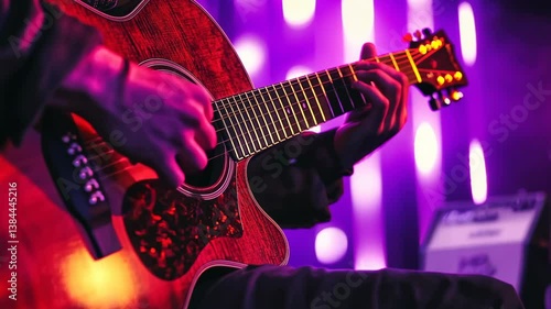Guitar performance under vibrant lights at a live music event in an urban venue
