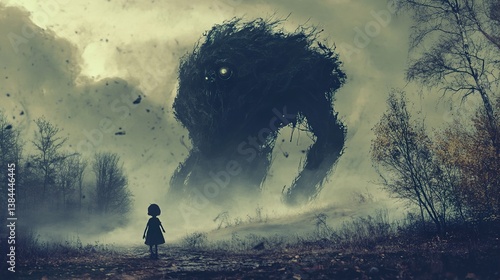 A Girl and a Forest Monster: A Dark Fantasy Illustration