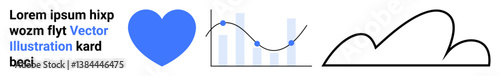 Blue heart icon, bar graph with flowing line chart, and minimalist cloud outline suggest data visualization, analytics, emotion, cloud computing. Ideal for love, trends, technology simple landing