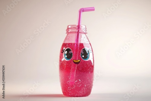 Cute cartoon bottle with pink fizzy drink and straw, perfect for kids.