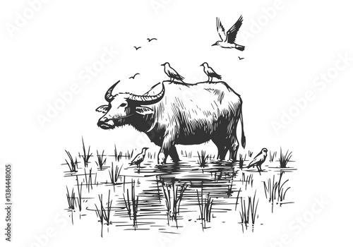 Water Buffalo hand drawn sketch vector illustration