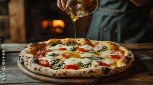 Hand Drizzling Olive Oil on Freshly Baked Margherita Pizza in Rustic Setting