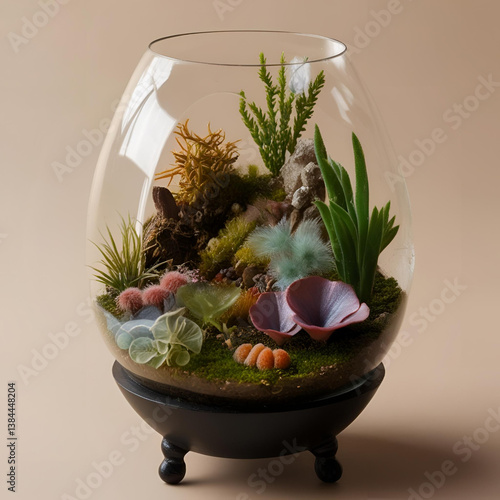Miniature terrarium world with tiny ecosystem, macro photography with dream-like quality
