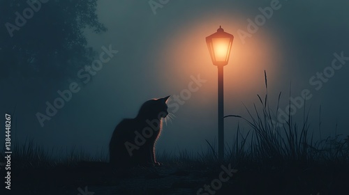 A cat silhouette by a glowing lamppost at night.