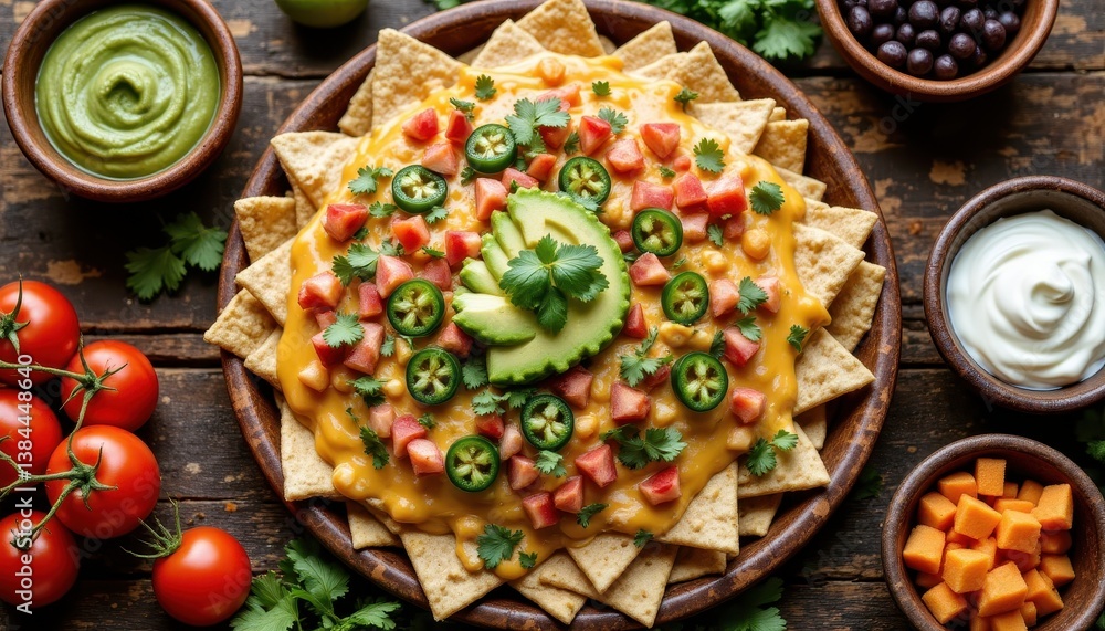 An overhead photo of a vibrant and colorful spread of fresh Mexican food, featuring nachos piled high with melted cheese An overhead photo of a vibrant and colorful spread of fresh Mexican food, featuring nachos piled high with melted cheese