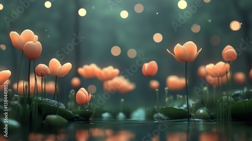 Enchanted Blossom: Dreamlike Flowers in a Serene Pond