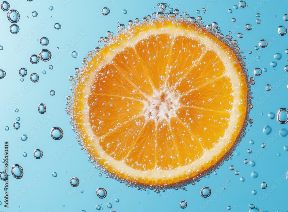 Fresh orange slice in water with bubbles Fresh orange slice in water with bubbles