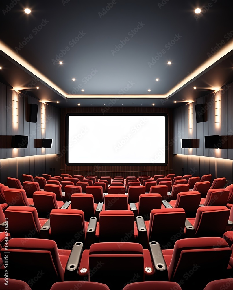 Fototapeta premium Modern cinema interior with empty red seats facing a large blank movie screen, perfect for concepts of entertainment, film screenings, and cinematic presentations 