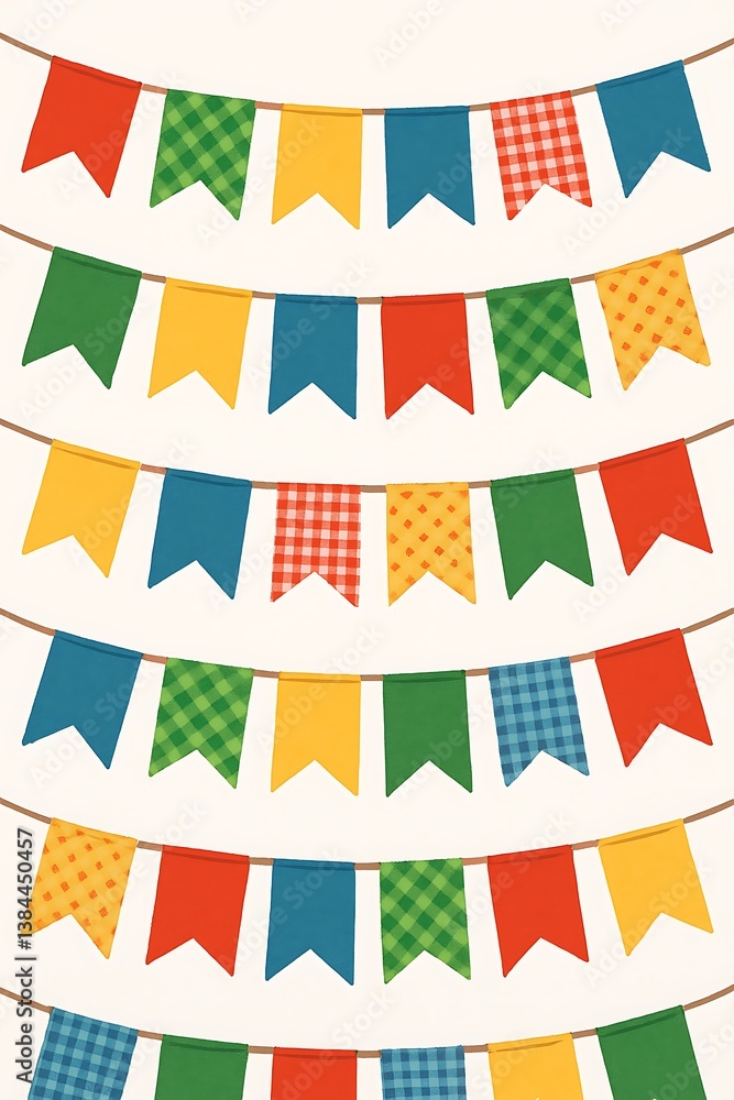 Fototapeta premium Festive Banner Garland: Vibrant, multicolored bunting strung in multiple rows, creating a celebratory atmosphere perfect for parties, festivals, and joyous occasions.