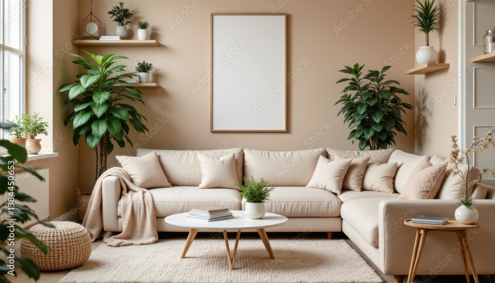 Fototapeta premium The living room features a warm and inviting aesthetic, with a beige sofa adorned with plush cushions and throws