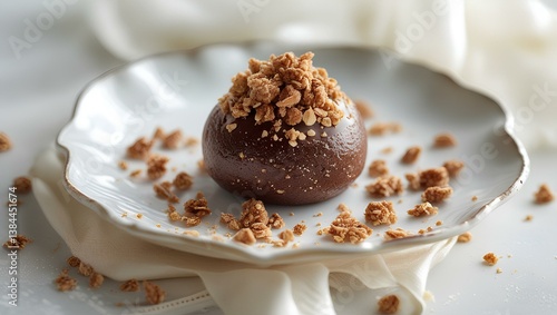 sweet brigadeiro with chocolate granola on top, on a white porcelain plate and blurred background
