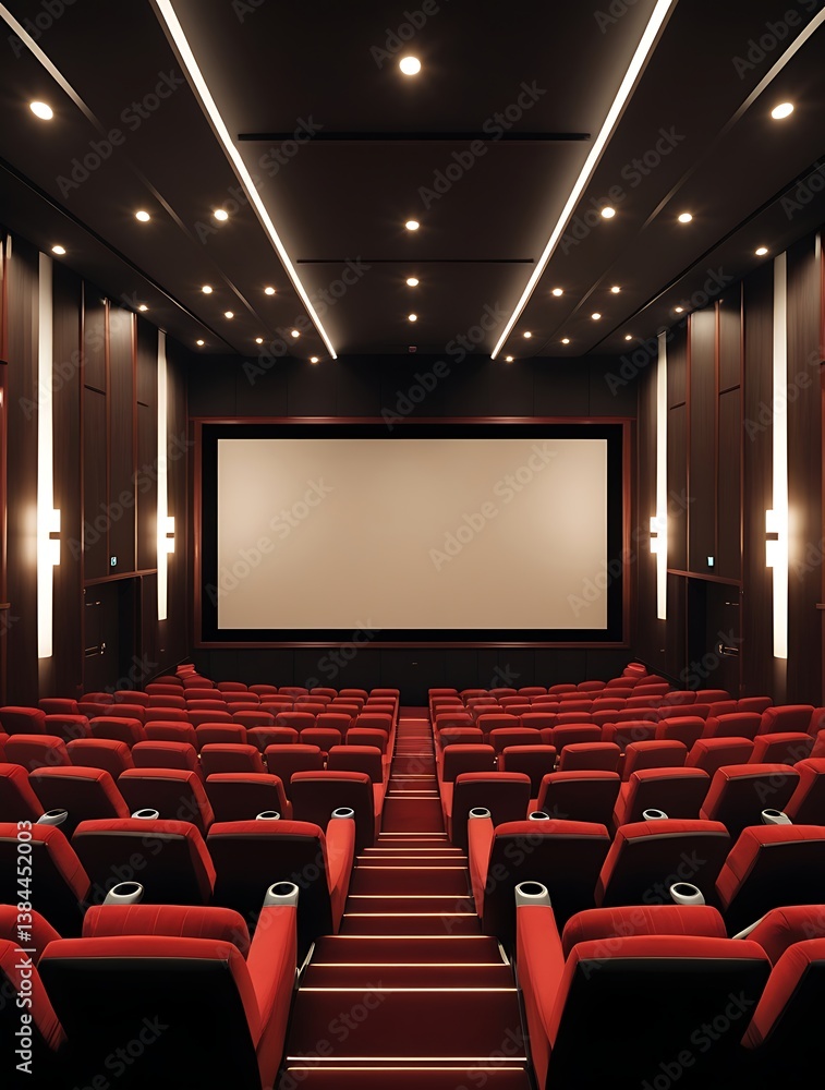 Obraz premium Modern cinema interior with empty red seats facing a large blank movie screen, perfect for concepts of entertainment, film screenings, and cinematic presentations 