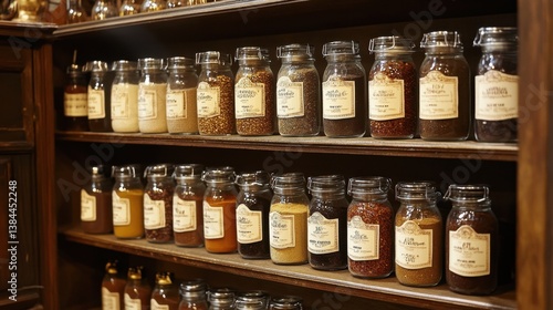 Wallpaper Mural Neatly arranged spice jars and glass containers on open wooden kitchen shelves, labeled for easy access. Torontodigital.ca