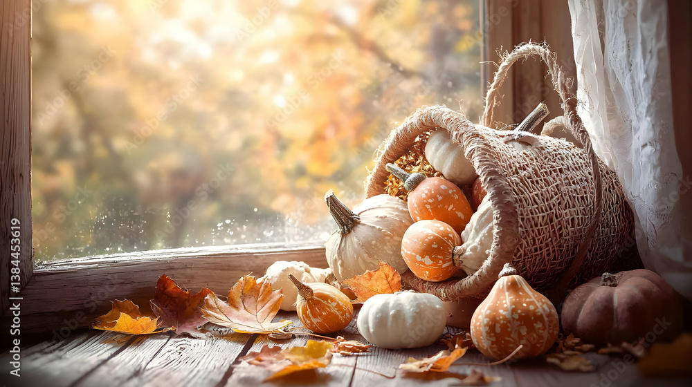 Autumn Pumpkins in Rustic Basket on Windowsill Autumn Pumpkins in Rustic Basket on Windowsill