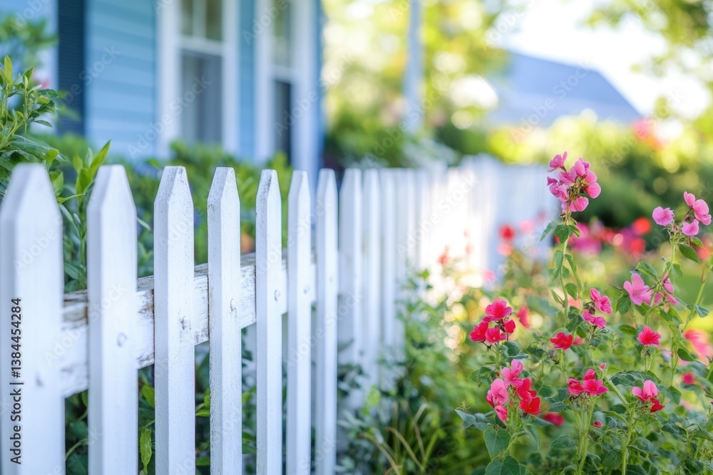 Fototapeta premium A white picket fence with pink flowers in front of a blue house on a sunny day.