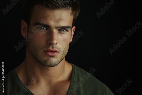 Handsome Man Portrait Green Eyes, Dark Hair, CloseUp
