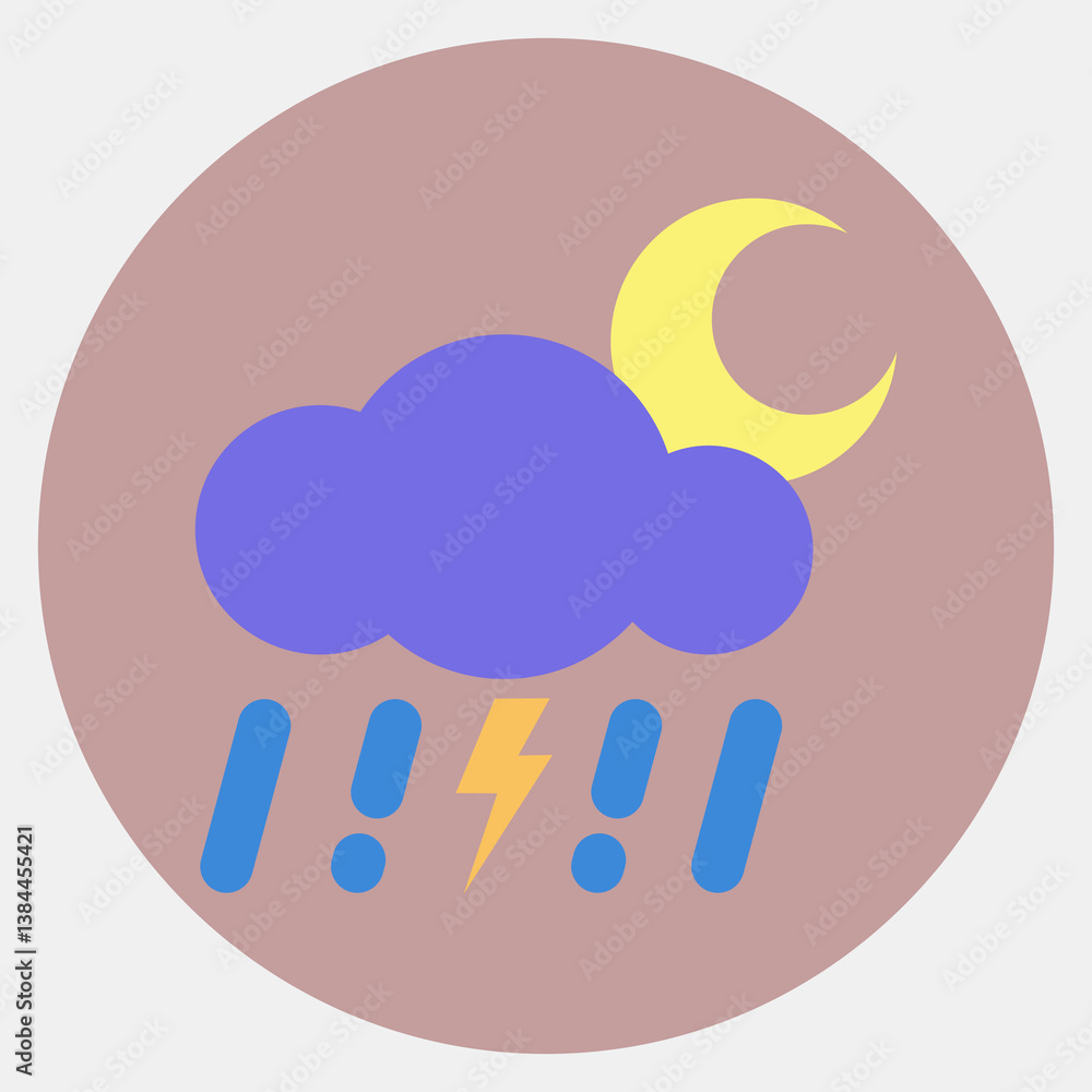 Icon thunder storm night. Weather elements symbol. Icons in color mate style. Good for prints, web, smartphone app, posters, infographics, logo, sign, etc. Icon thunder storm night. Weather elements symbol. Icons in color mate style. Good for prints, web, smartphone app, posters, infographics, logo, sign, etc.