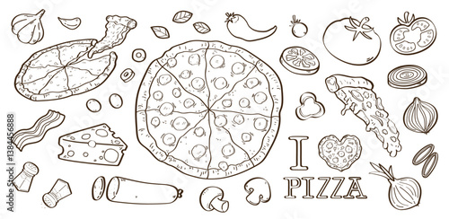 Set de ilustraciones decorativas dibujadas a mano de pizza y sus ingredientes tradicionales. Vector