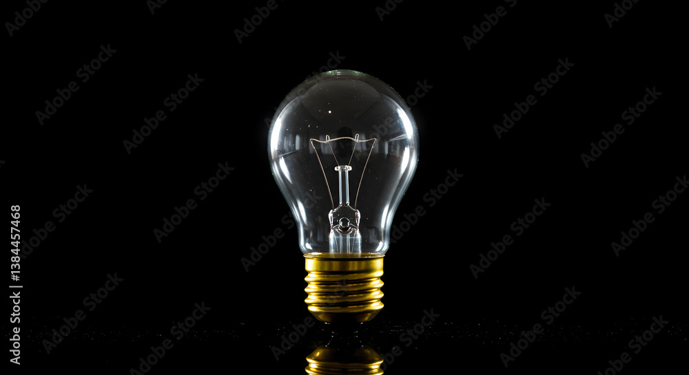 Illuminated Clear Glass Lightbulb with Glowing Filament on a Reflective Black Surface