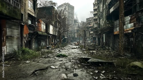 Abandoned city street covered in debris with overgrown plants and empty buildings