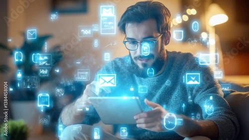 Digital World: A Man Immersed in the Digital World, interacting with a digital tablet surrounded by glowing futuristic icons, blending technology and lifestyle