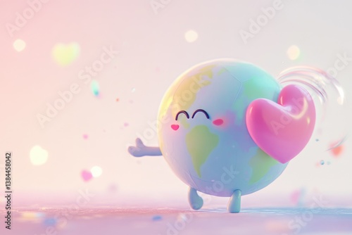 Cute cartoon Earth character holding a pink heart, expressing love and care for the planet.