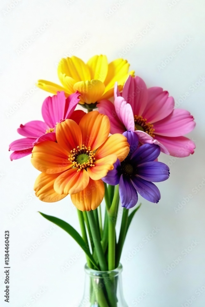 A colorful bouquet of small flowers against a plain white background, loose arrangement, multicolored flowers A colorful bouquet of small flowers against a plain white background, loose arrangement, multicolored flowers