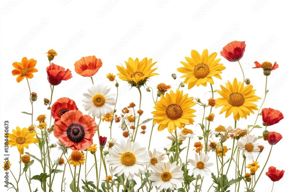 Fototapeta premium Vibrant wildflowers in shades of red, orange, and yellow create a stunning summer bouquet against a white background.