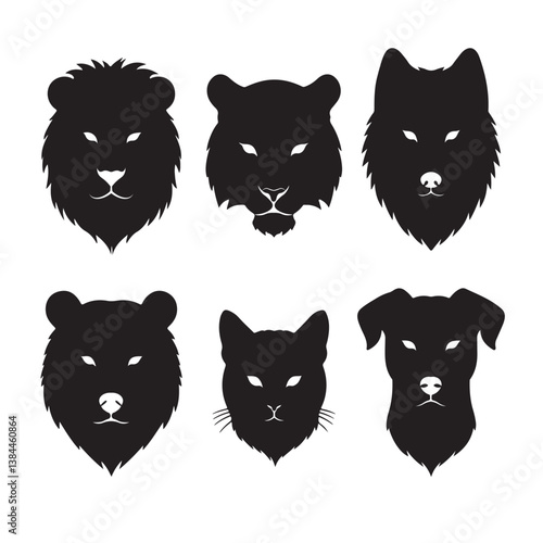 Silhouette of lion, tiger, wolf, bear, cat, and dog. Wildlife and pet silhouette. 