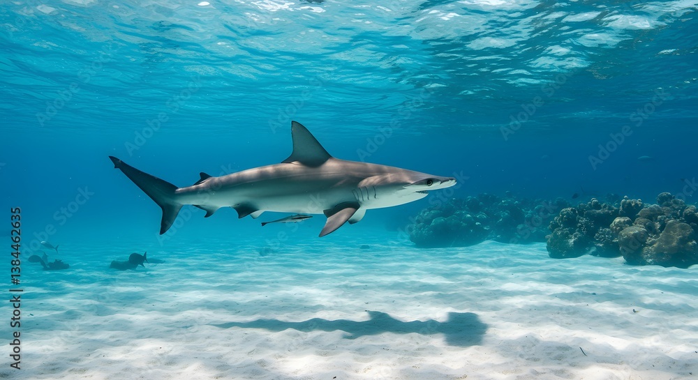 Hammerhead shark gliding gracefully in clear blue ocean, sunlight shimmering on surface, sandy sea floor visible below. Marine wildlife. Hammerhead shark gliding gracefully in clear blue ocean, sunlight shimmering on surface, sandy sea floor visible below. Marine wildlife.