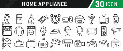 Home Appliances collections icons set. Contains Home appliances, refrigerator, washing machine,  television, air conditioner and household. Vector illustration collection