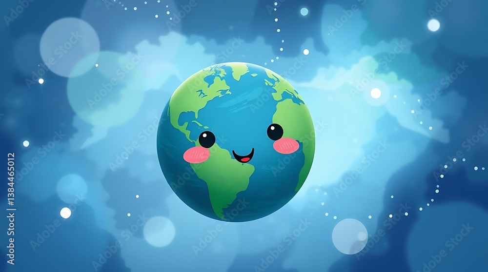Naklejka premium Cute Cartoon Earth in Space, Perfect for Children's Education