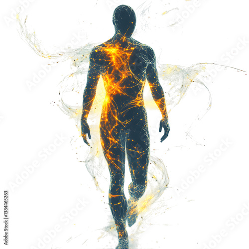 Fractal Silhouette Man with Radiant Fire Isolated on Transparent Background