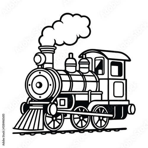 A vintage black steam locomotive vector illustration depicts an old railway engine for retro transport