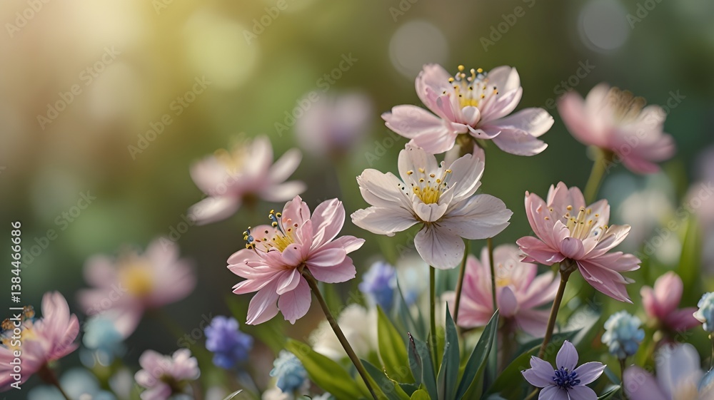 A soft-focus bokeh background with pastel spring flowers A soft-focus bokeh background with pastel spring flowers