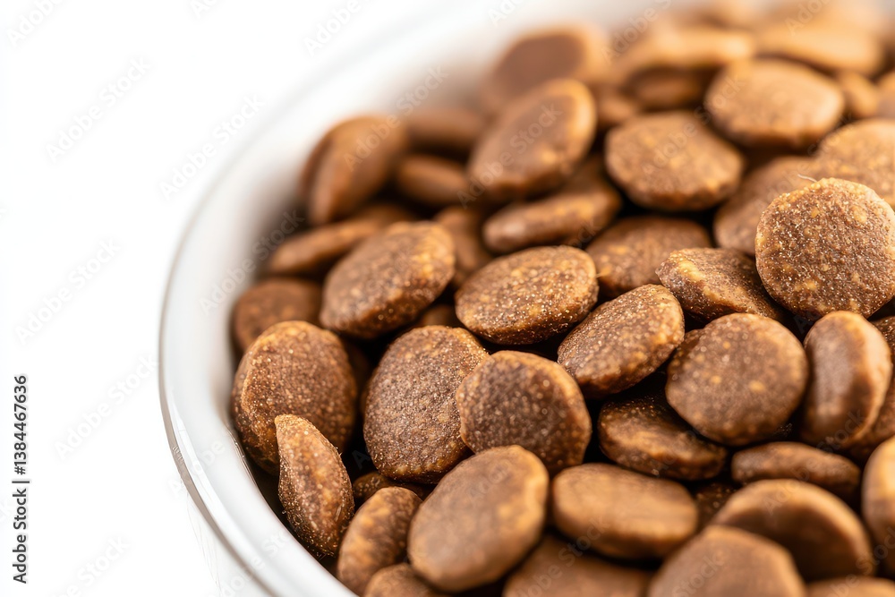 Close-up view of round brown pet food kibble in a white bowl, highlighting texture and color Close-up view of round brown pet food kibble in a white bowl, highlighting texture and color