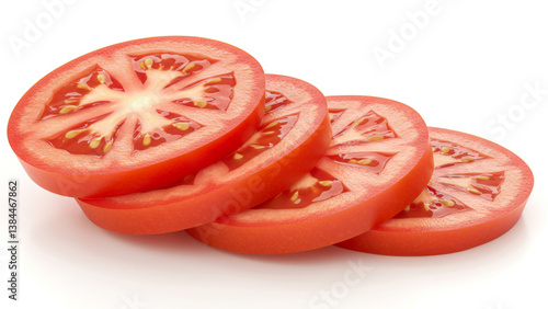 Sliced fresh tomato. Close-up view of juicy tomato slices with seeds and fleshy texture on a white surface. Vibrant red color.