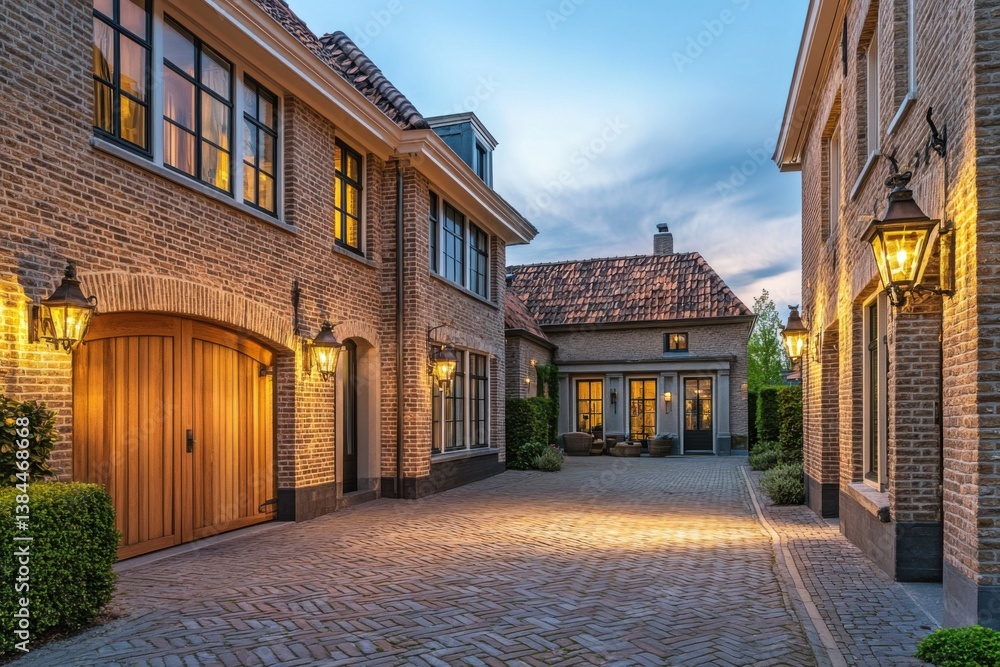 Fototapeta premium An elegant brick house stands proudly in the heart of a peaceful neighborhood, where warm lanterns softly illuminate the courtyard during the enchanting twilight hour
