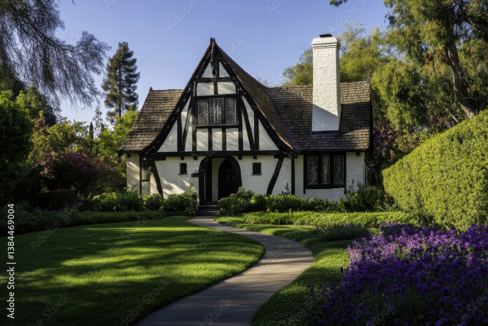 Charming Tudor-style house surrounded by lush greenery and vibrant flowers, with a curved stone pathway leading to the entrance in bright afternoon sunlight Charming Tudor-style house surrounded by lush greenery and vibrant flowers, with a curved stone pathway leading to the entrance in bright afternoon sunlight