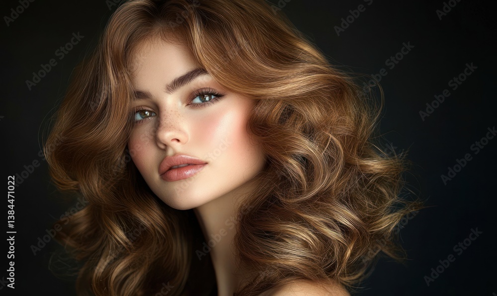 Stunning brunette model with long wavy curls in a high-fashion beauty portrait with elegant lighting and soft shadows Stunning brunette model with long wavy curls in a high-fashion beauty portrait with elegant lighting and soft shadows