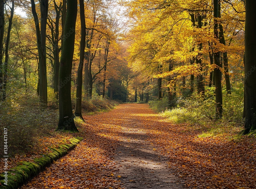 Obraz premium A beautiful forest path in the Dutch nature park, covered with fallen leaves and illuminated by sunlight. The trees on both sides of it have yellow to orange foliage, creating an autumn atmosphere. 