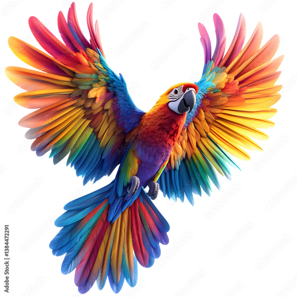 Fototapeta premium A Fluffy 3D Cartoon Parrot with Rainbow Colored Feathers Isolated on Transparent Background