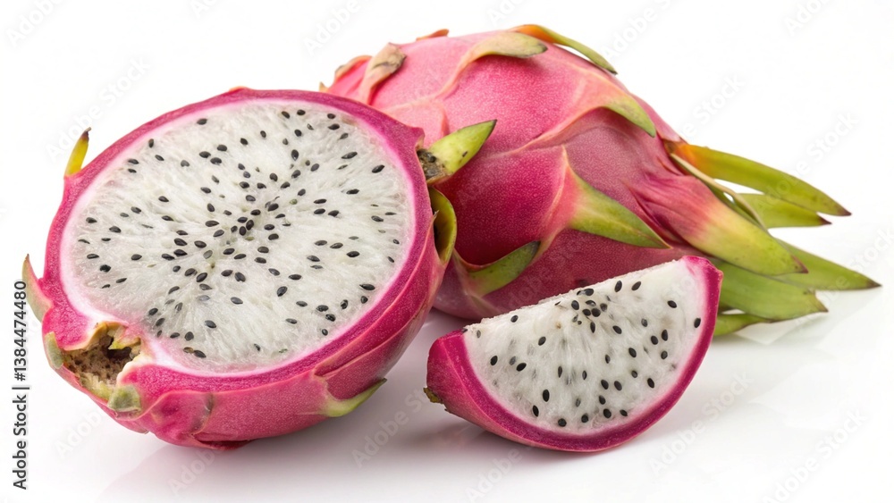 A whole dragon fruit with a cut-open half displaying white flesh with black seeds and vibrant pink A whole dragon fruit with a cut-open half displaying white flesh with black seeds and vibrant pink