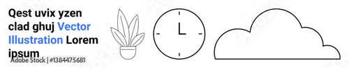 Plant pot, analog clock, and cloud outline serve as symbols of growth, time, and connectivity. Ideal for productivity, tech, nature, sustainability mindfulness modernity flat landing page banner