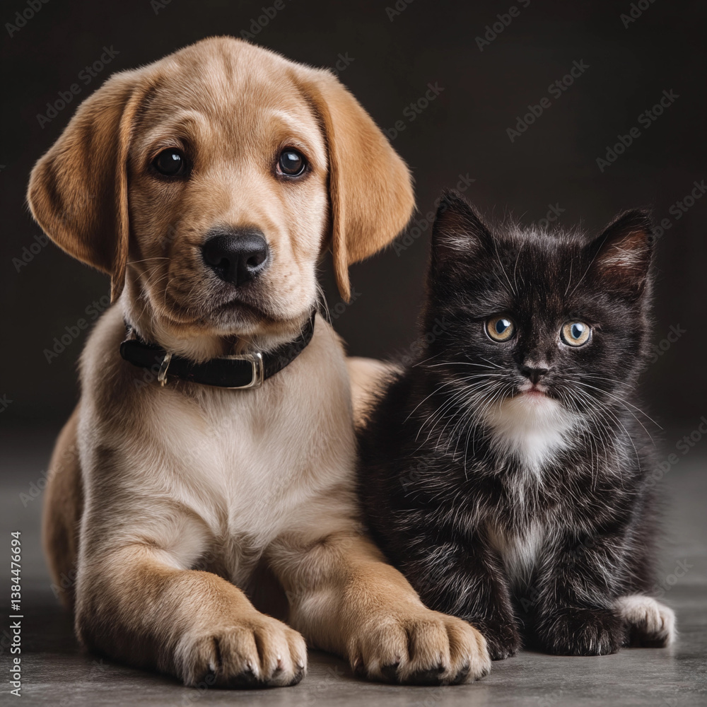 Puppy and kitten share a calm moment of companionship indoors in a cozy environment Puppy and kitten share a calm moment of companionship indoors in a cozy environment