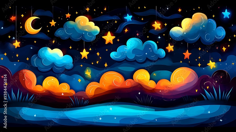 Naklejka premium Magical Night Sky Stars with Clouds, and and Moonlit Landscape.