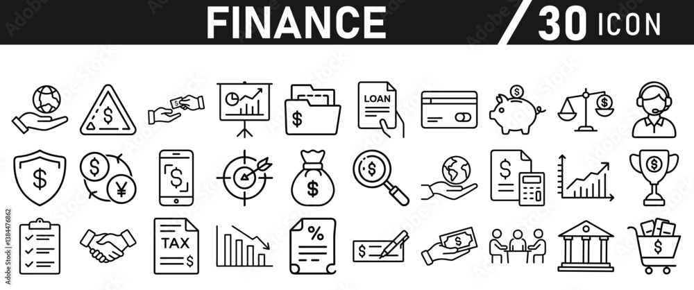 Finance icon set. Containing loan, cash, saving, financial goal, profit, budget, mutual fund, earning money and revenue icons for web Finance icon set. Containing loan, cash, saving, financial goal, profit, budget, mutual fund, earning money and revenue icons for web