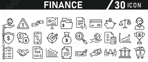Finance icon set. Containing loan, cash, saving, financial goal, profit, budget, mutual fund, earning money and revenue icons for web